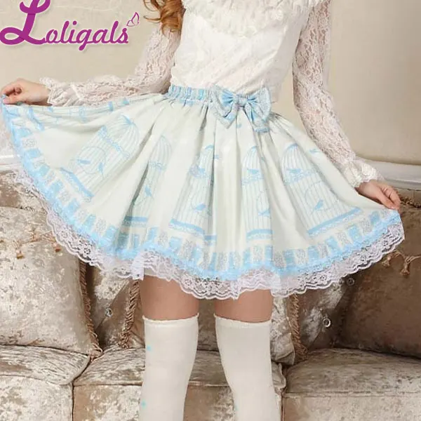 

Sweet Lolita Princess Nightingale in Cage Printed Light Sky Blue A line Skirt with Lace Trim and Bow