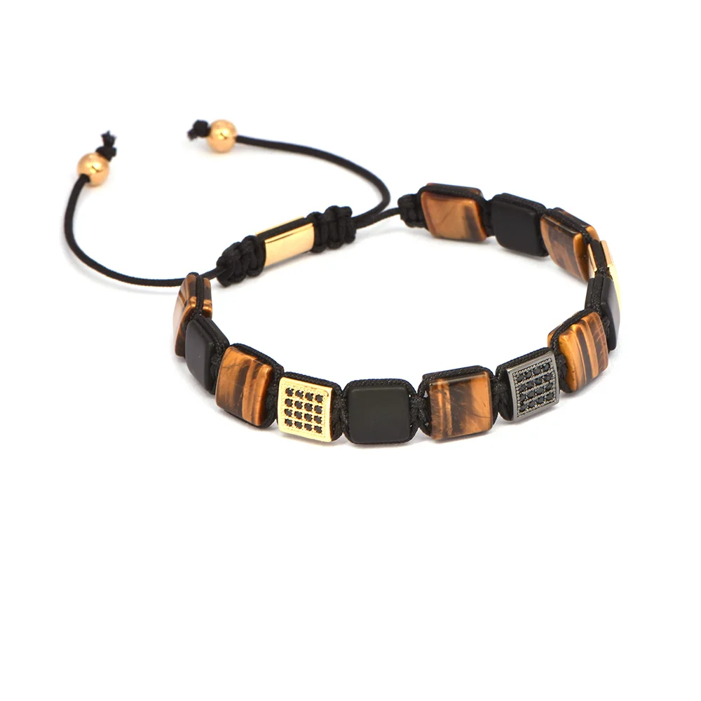 Томас пользовательские браслеты модные черные CZ& тигровый глаз Квадратные бусины плетеные браслеты для мужчин женщин уличный вкус мужской браслет - Окраска металла: as image