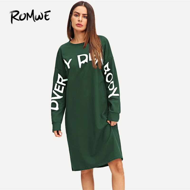 

ROMWE Letter Print Drop Shoulder Dress 2019 H Spring Autumn Green Cool Casual Long Sleeve Round Neck Knee Length Women Dress