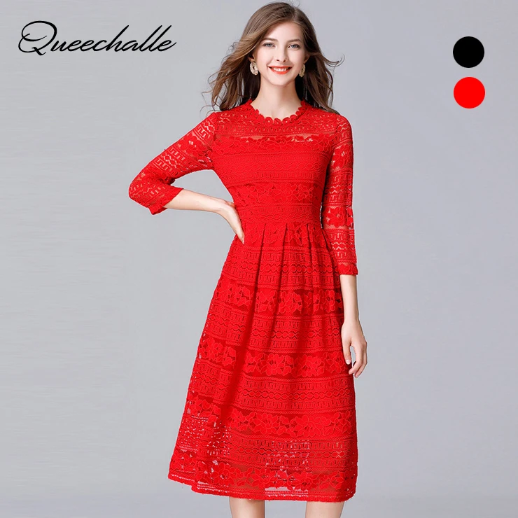 

Queechalle Black Red Slim Lace Dresses for Women 2019 Spring Hollow Out Half Sleeve Female Dress 3XL 4XL 5XL Plus Size Vestidos