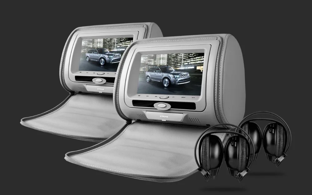 Top 2x7" Grey Headrest Car Monitor with DVD Function & USB SD FM Transmitter IR Transmitter & 2 IR Headphones (Black&Beige Optional) 3