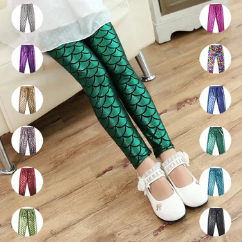 

Girls 4-10 Y Spring Ankle Length 3D Digital Print Fish Scales Pattern Leggings Pants Mid-Waist Elastic Sports Underwear Trousers
