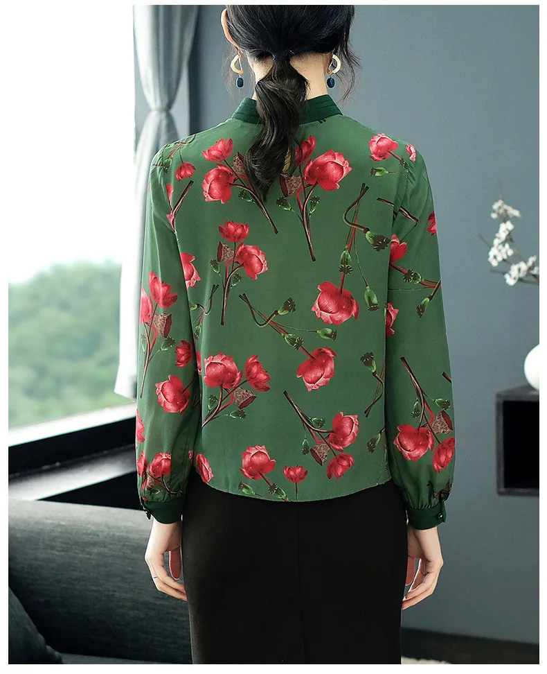 Корейская модная женская одежда, весна, новинка, с принтом, натуральный шелк, рубашки, роскошные блузы-водолазки и топы P9534