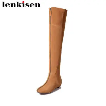 

Lenkisen brown black colour zipper round toe cow suede med internal heels big size woman autumn winter over-the-knee boots L25