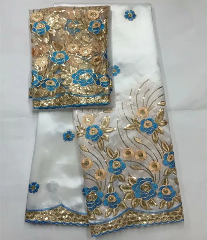 

white African George Set with 2yards Tulle Lace African George with blouse Latest High Quality sequuin George Fabric b6-2