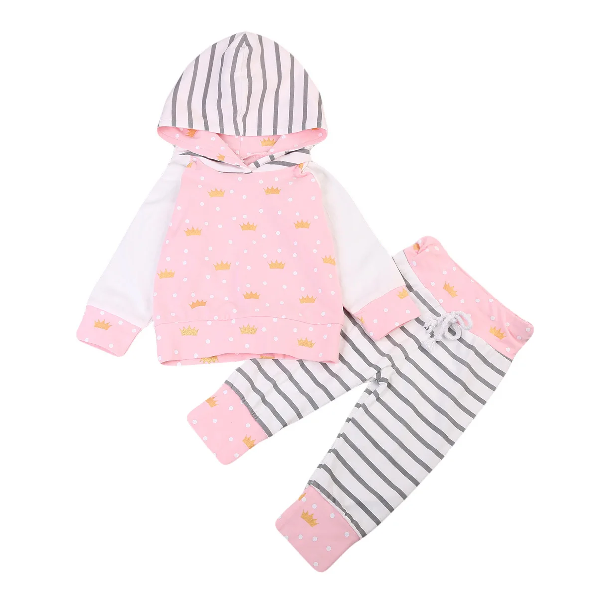 autumn 2017 Newborn Baby girl Clothes cute princess tiara print hoodie Tops +striped Pant Outfit pink Toddler Kids Clothing Set