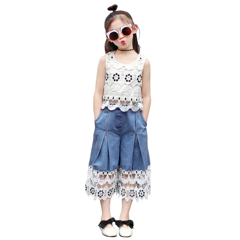 

Girls Summer Suit Summer Big Girl Lace Broad-legged Trousers 12-year-old Girl Leisure Two-piece Set Girls Ruffle Outfits