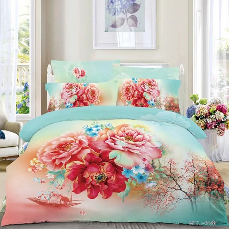 chinese style floral bedding set queen size fishing boat peach flowered bed sheets