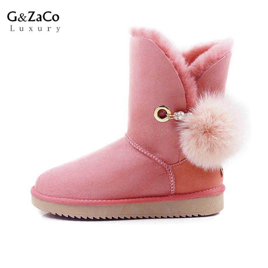 

Winter Sheepskin Snow Boots Suede Genuine Leather Sheep Fur Mid Calf Fox Fur Ball Sweet Women Boots Female Shoes