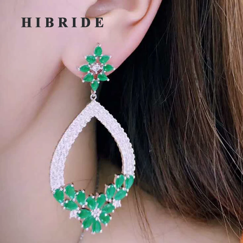 

HIBRIDE Green Cubic Zirconia Drop Earring For Women Flower Shape Design Brazil Style Trendy Engagement Earring Brincos E-608