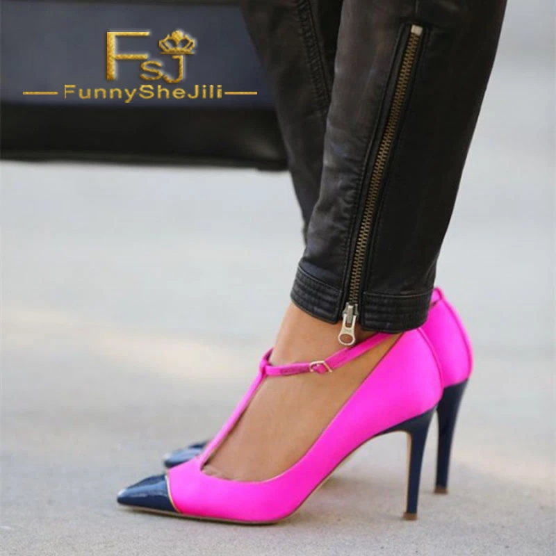 Hot Pink and Navy T Strap Heels Pumps 