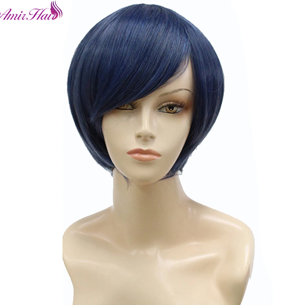 

Synthetic Hair Wig Natural Straight Short Bob Side Part with 2 Ponytails Grey Blue Wig for book of circus Cosplay Wigs Party wig