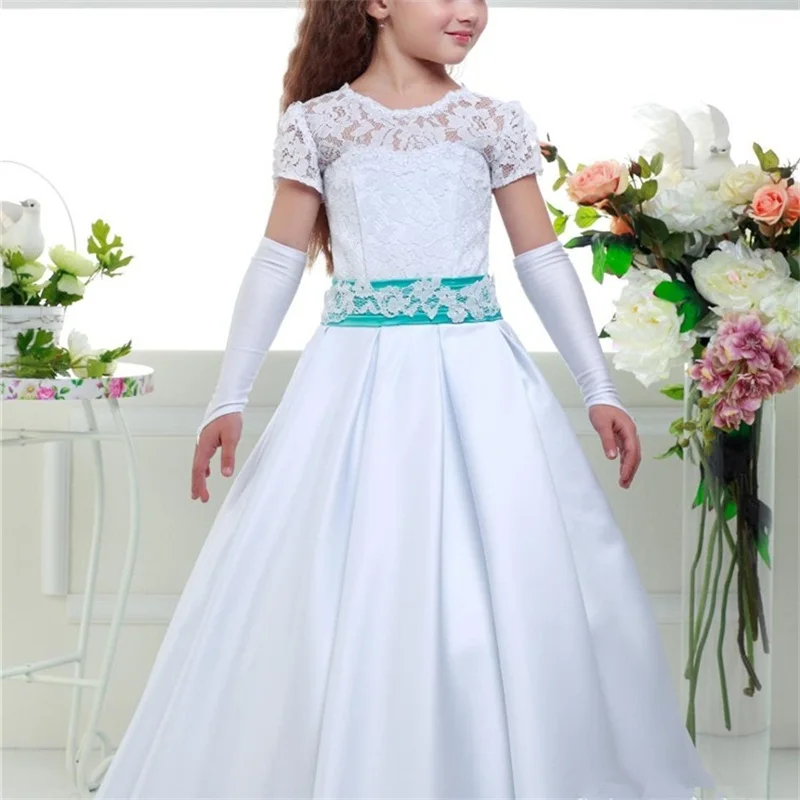 New Flower Girl Dresses for Wedding Short Sleeve Little Girls Kids/Child Dress Satin Lace Ball Party Pageant Communion Dress