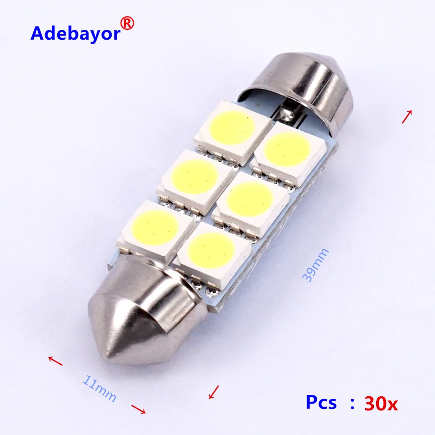 30X шт авто LED гирлянда для автомобиля Купол 39 мм 5050 6 SMD DC 12V интерьерный светильник
