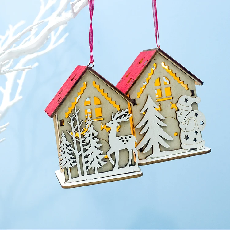 

2020 Led Light Wooden House Christmas Tree Decorations Santa Clause Elk Snowman Hanging Pendant Christmas Party Decor for Home