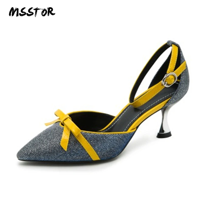 

MSSTOR Mixed Colors Strap Sandals Butterfly-knot Pointed Toe Sequined Cloth Women Summer Sandals Strange Style High Heels Shoes