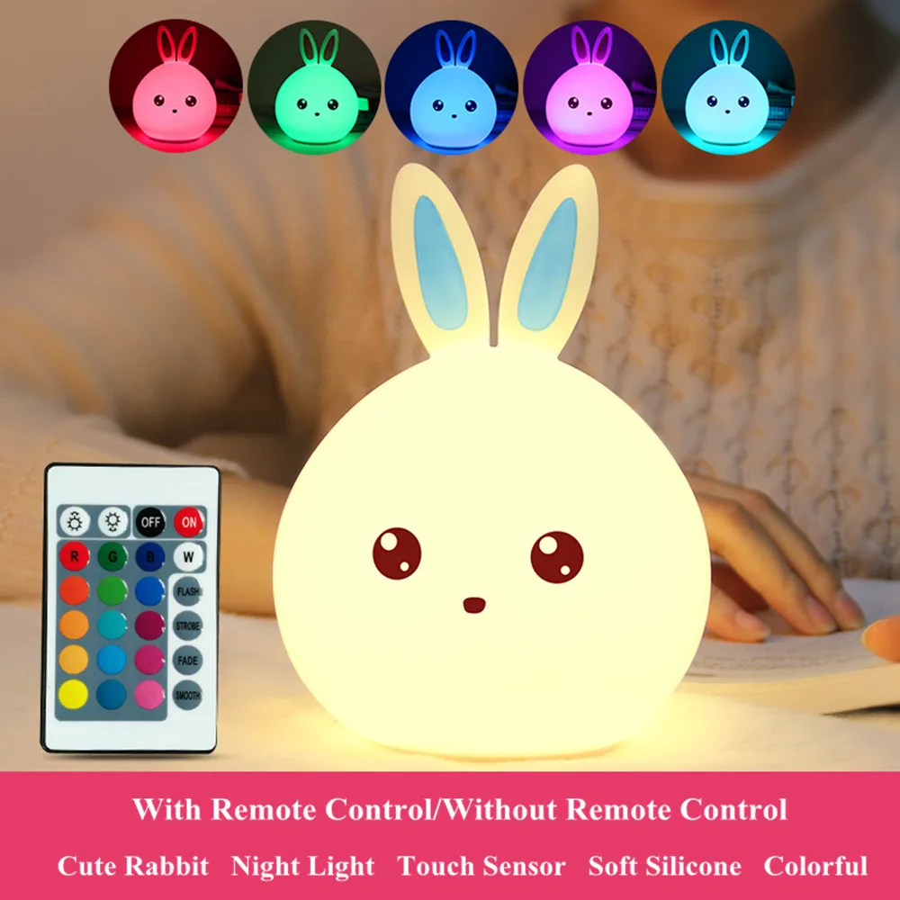 

SuperNight Cartoon Rabbit LED Night Light Remote Touch Sensor Colorful USB Silicone Bunny Bedside Lamp for Children Kids Baby