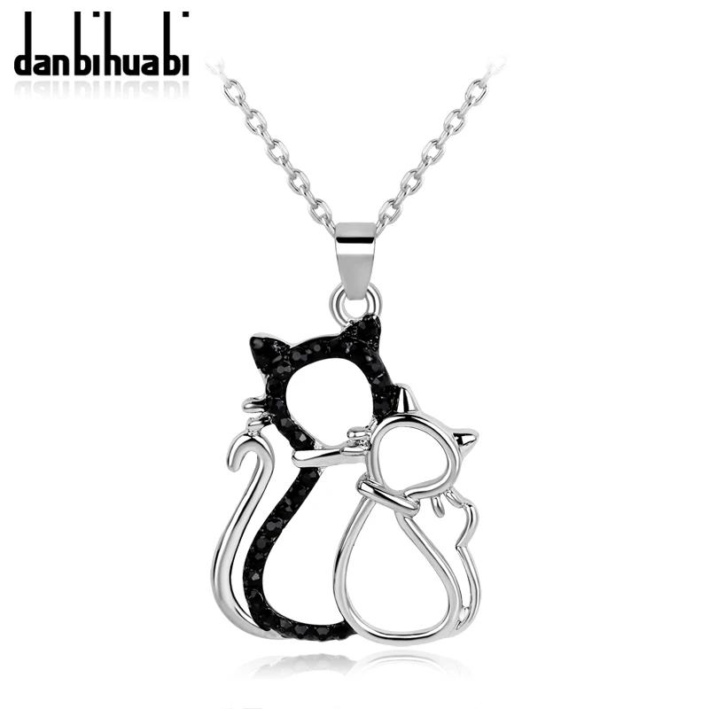 danbihuabi PopularTwo Cats Necklace black Crystal and Enamel Silver