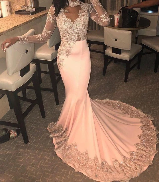 Vestidos de fiesta largos elegantes de 2019 Sexy pura Rosa largo sirena Vestidos de encaje de oro vestido de noche personalizado hecho - AliExpress