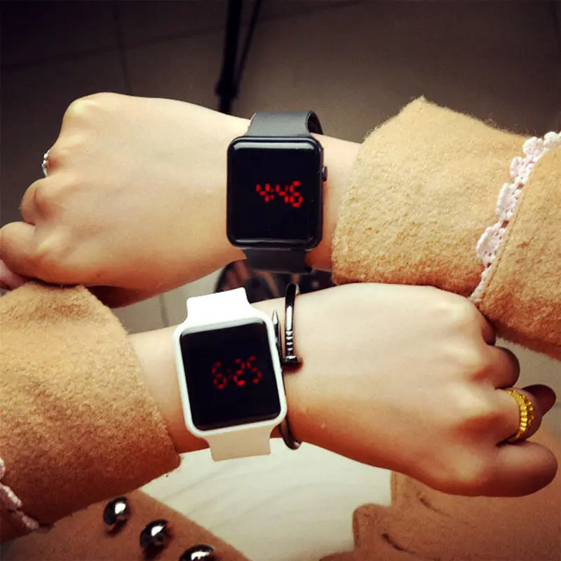Hot Men Women Watch Square Mirror Face Silicone Watchband Digital Watch