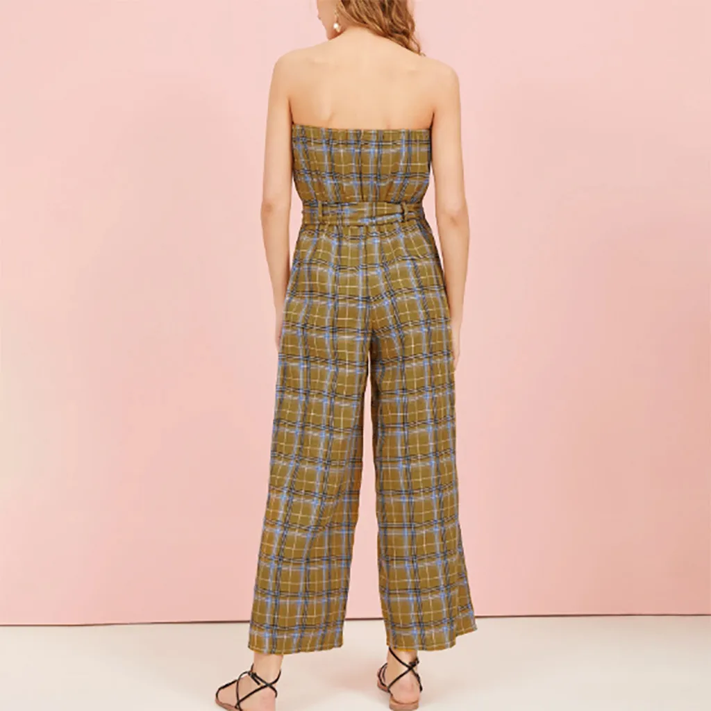 Women Retro Jumpsuits Plaid Summer Overalls Rompers Lady Long Pants Wide Leg Off Shoulder Onesies Elegant Jumpsuit Bow Waistband