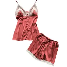 Женское из искусственного шелка сексуальный пижамный комплект ресницы пэтчворк с цветочным кружевом кнопка спереди Декор глубокий v-образный вырез майка топ широкие ноги свободные S