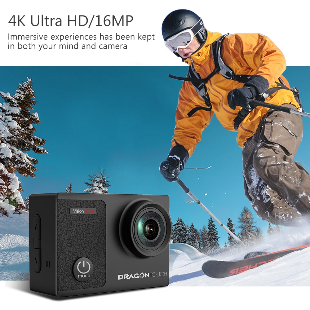 Экшн камера Dragon Touch 4K 16 МП 3 Pro Wi Fi 100 футов водонепроницаемая с сенсорным экраном