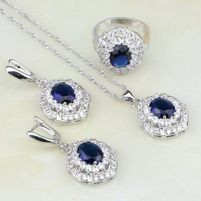 925 Sterling Silver Jewelry Sets Blue Cubic Zirconia White Zircon