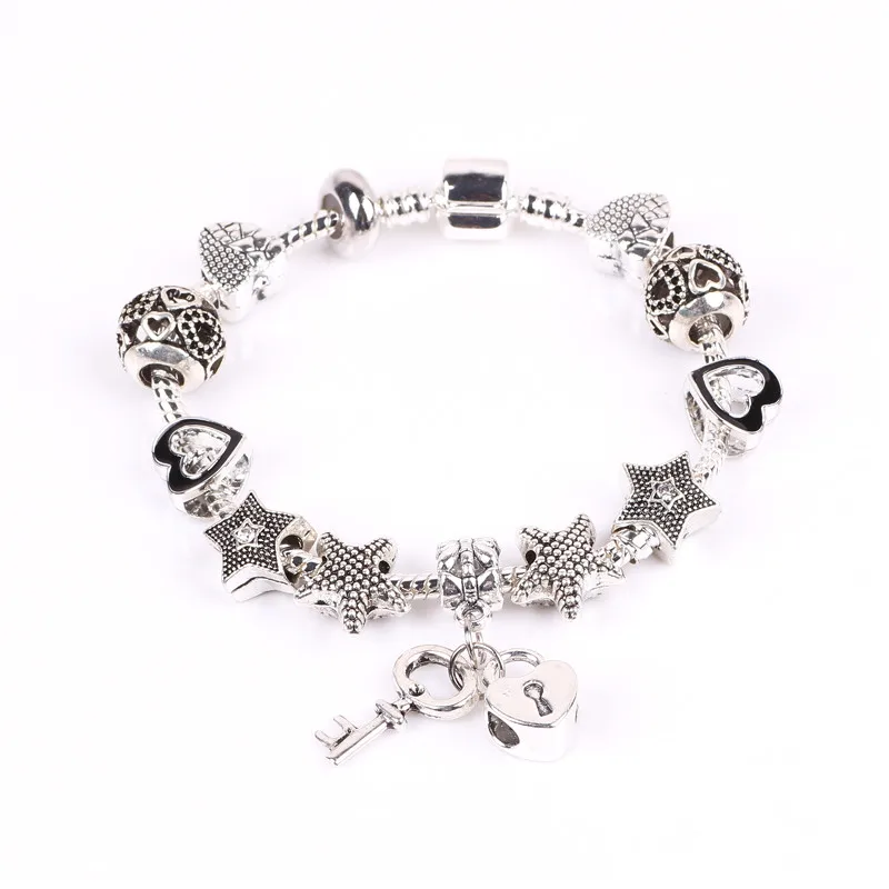 Простой замок и ключ кулон с тибетский серебряный браслет из бусин Новая мода ювелирные изделия Европейский подарок для женщин