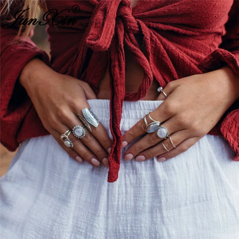 JUNXIN женское мужское кольцо с лунным камнем, заполненное серебром 925, большой камень огранки маркизы, белый опал, кольца для мужчин и женщин, складывающееся кольцо