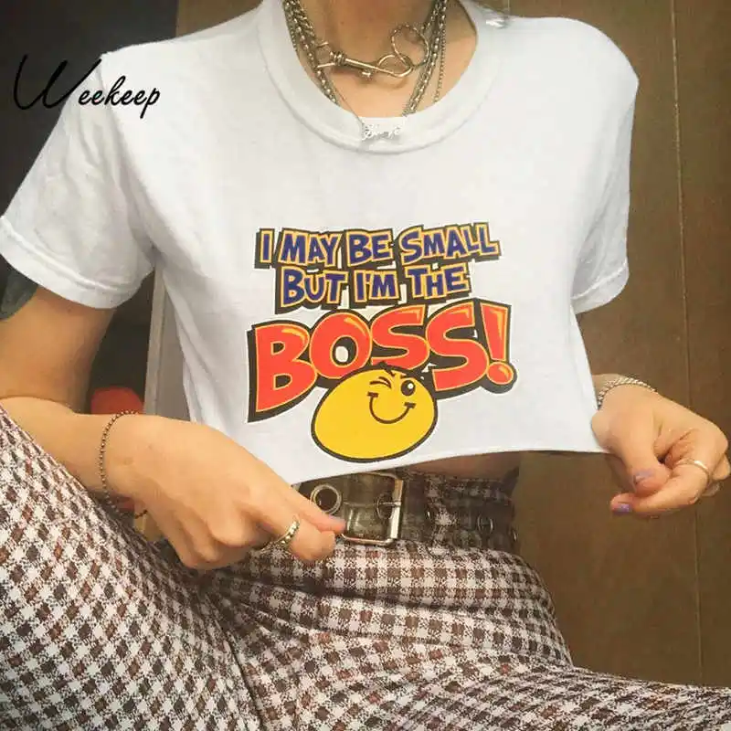 

Weekeep Cropped Print O-neck Short Sleeve tshirt White Streetwear Fashion tshirt 2019 Summer Sexy Tee Shirt Femme Tops