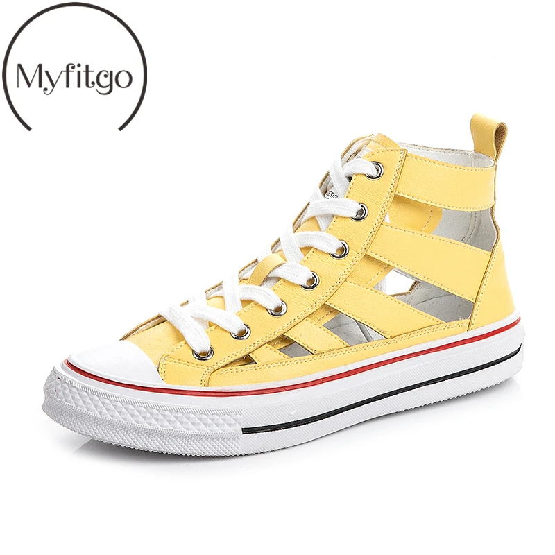 

Myfitgo Cow Leather Breathble Women Vulcanized Shoes Lace up Girls Casual Shoes High Top Walking Shoes Hollowed Fashion Design
