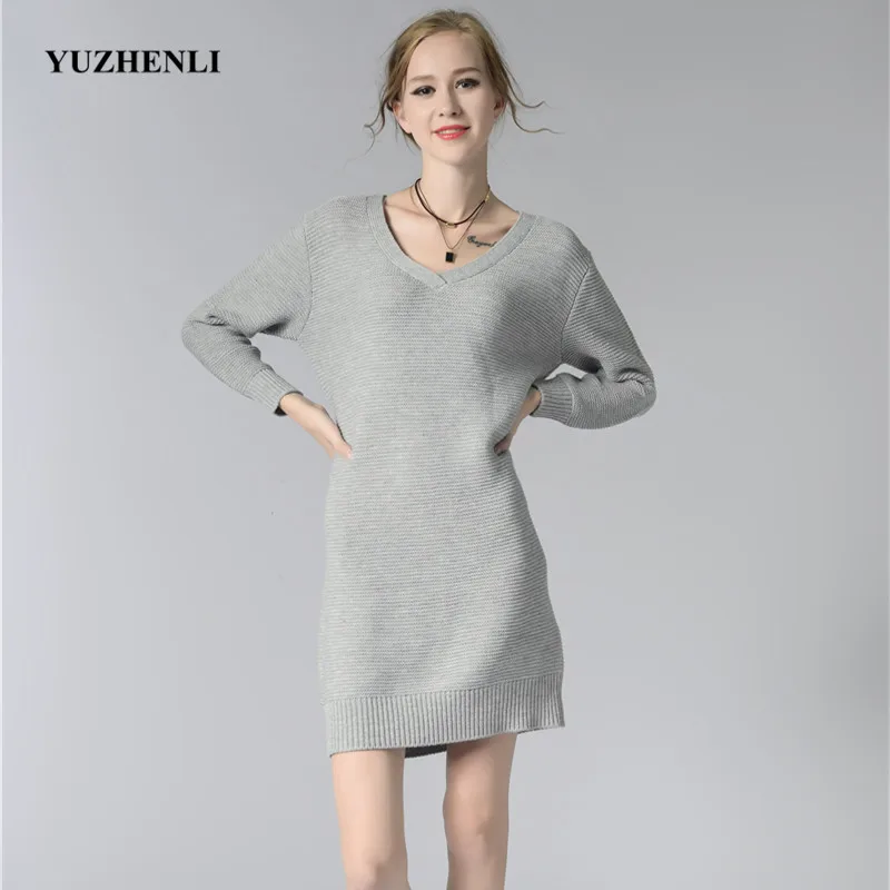 

2018 New Autumn Winter Women Sweater Dress Solid Color Basis Loose O-Neck Long-Sleeved Casual Long Girl's Knit Dress