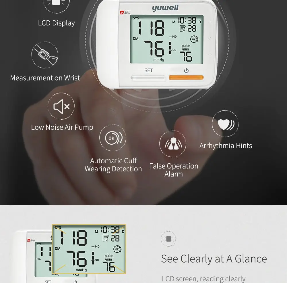 Yuwell 8900A монитор кровяного давления на запястье Портативный Большой цифровой ЖК-дисплей медицинское оборудование измерение CE бытовой инструмент для здоровья