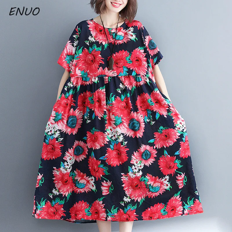 Женское винтажное платье из хлопка и льна с цветочным принтом круглым вырезом