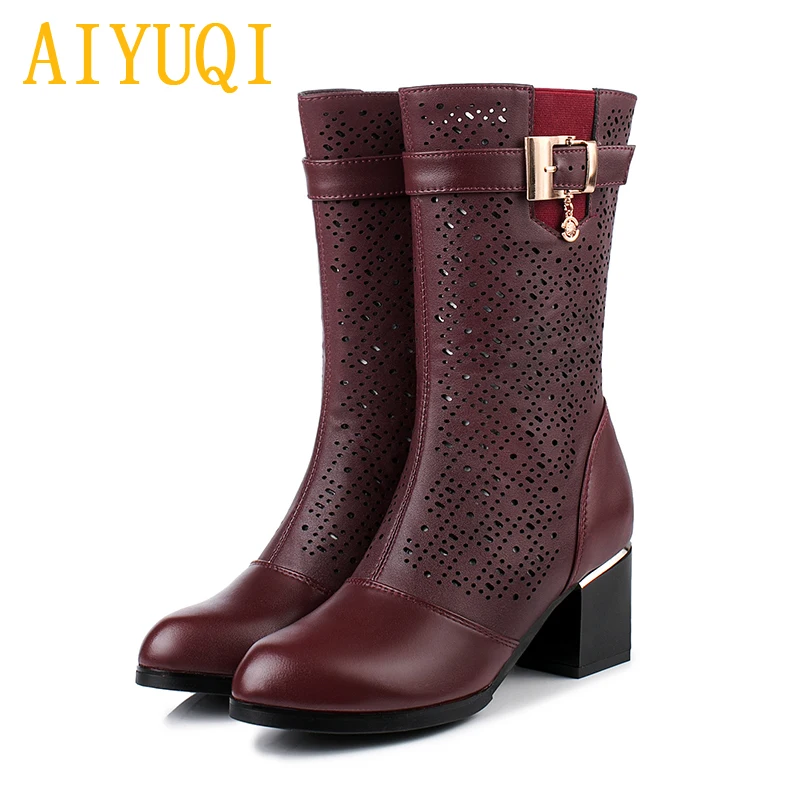 

AIYUQI female summer boots 2019 new spring genuine leather women mesh boots, high-heeled fashion big size 41 42 43 women's shoes