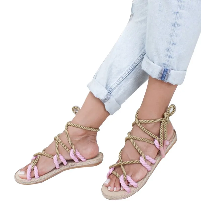Летние женские повседневные туфли на плоской подошве с открытым носком и пряжкой на ремешке; женская обувь с открытым носком; плетеные Босоножки с открытым носком из пеньковой веревки; женская обувь - Цвет: Pink