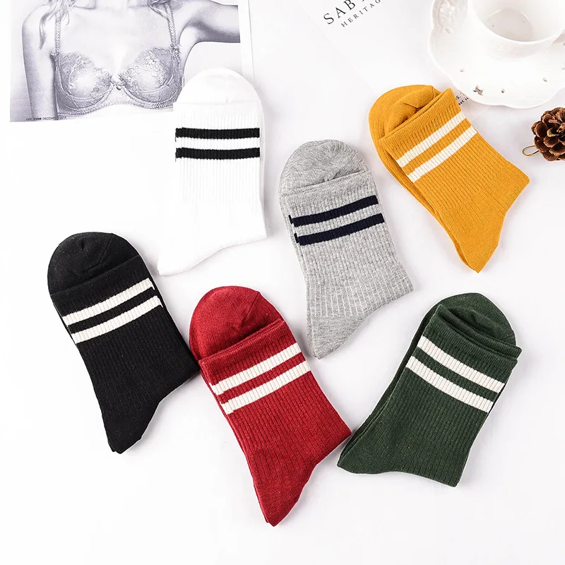 

Funny Cute Japanese School Girls Cotton 2 Striped Crew Socks Colorful Women Harajuku Designer Retro Yellow White Cheap Student