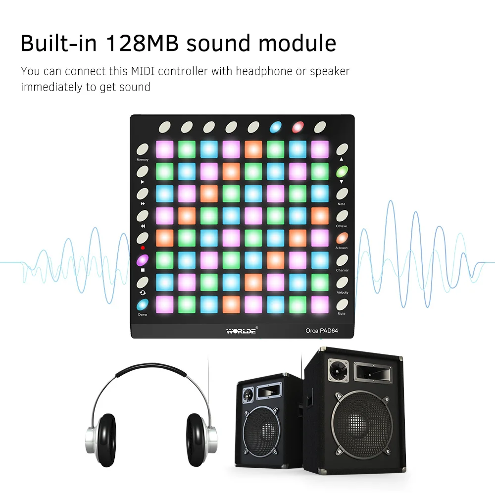 WORLDE ORCA Портативный USB MIDI контроллер для барабана 64 RGB подкладки с подсветкой 24