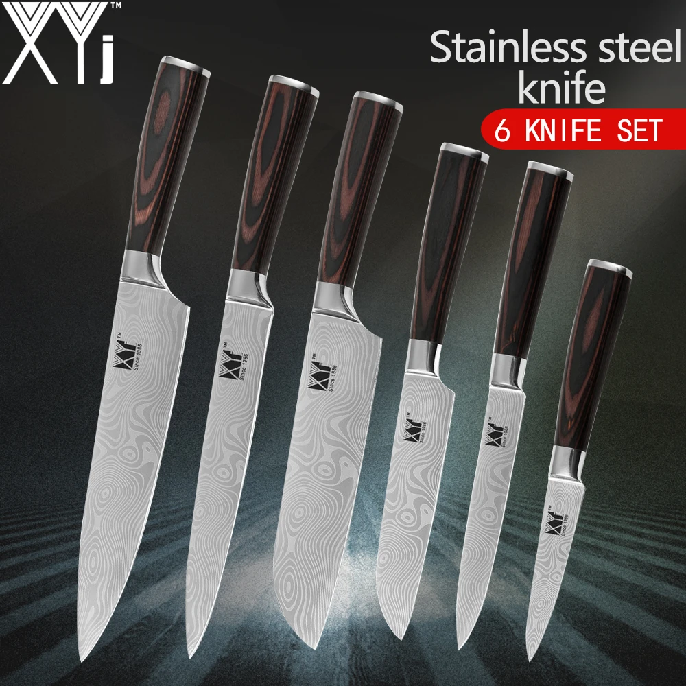 XYj Kitchen Knives Damascus Veins Stainless Steel Knives High Quality Chef Slicing 2*Santoku Utility Pariing Cooking Knife Set XYj Kitchen Knives Damascus Veins Stainless Steel Knives High Quality Chef Slicing 2*Santoku Utility Pariing Cooking Knife Set
