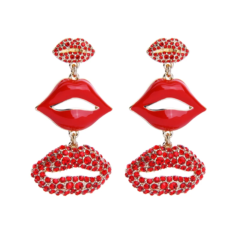 Red Sexy Lips Enamel Style Statement Earrings Big Long Crystal Drop