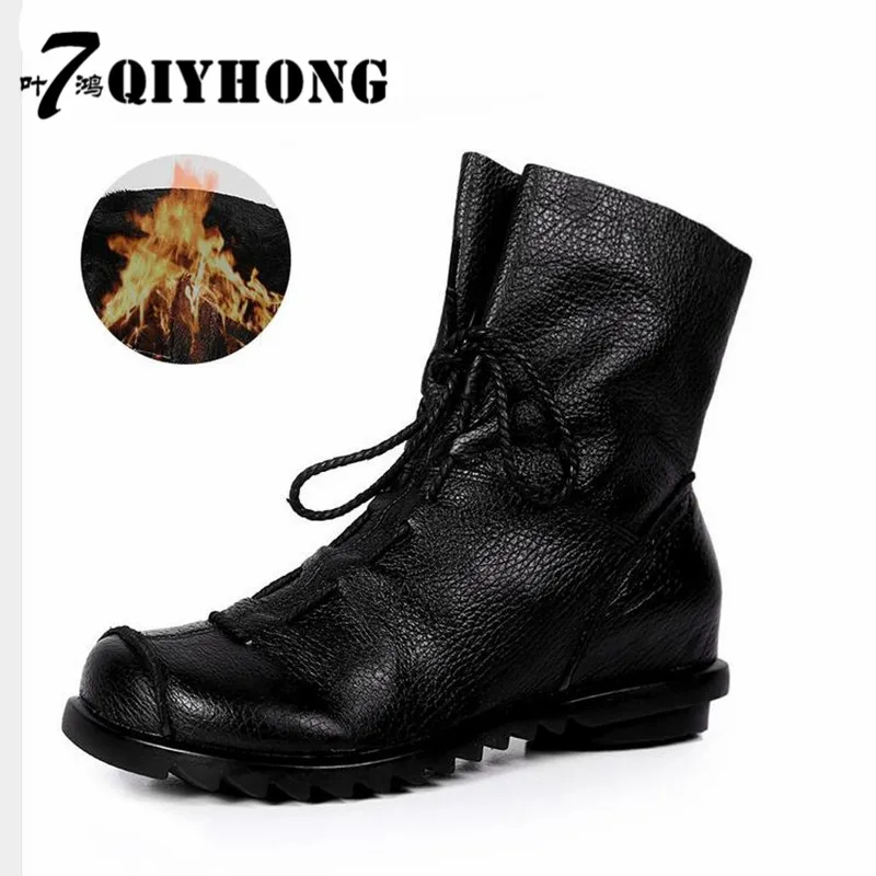 

QIYHONG 2017 Women Vintage Natural Leather Boots Spring Autumn New Fashion Platform Botilions Casual Cowboy Boots Shoes 35-42