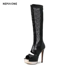 NEMAONE/европейские размеры 34-40; новые модные сапоги до колена; женские летние сапоги с открытым носком; вечерние модельные туфли на высоком каблуке; женская обувь