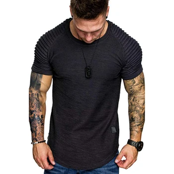 

Mens Shoulder Pleated Design Round Neck Short Sleeved T-shirt Slim Fit Man Curved Hem Skinny Hip Hop Tshirt Streetwear