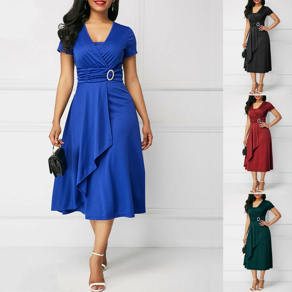 

Women High Waist Plain Asymmetric Midi Dress Fashion Summer Solid Casual Short Sleeve V-Neck Dresses Sundress Plus Size