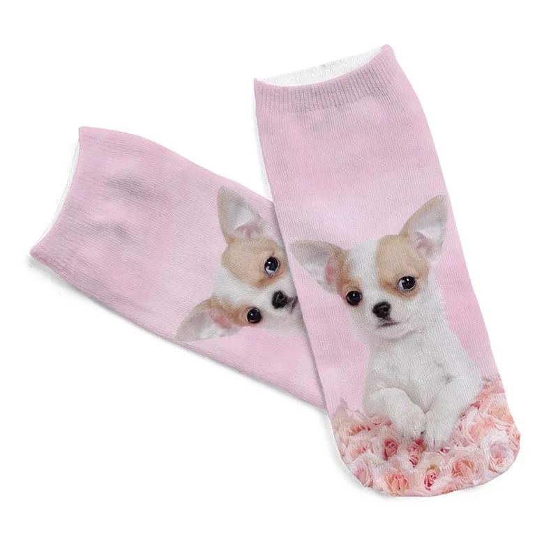 Новые 3D носки с принтом для женщин, полиэстер, розовый, чихуахуа, носки из хлопка, забавные, Harajuku, милые, Kawaii, короткие носки унисекс