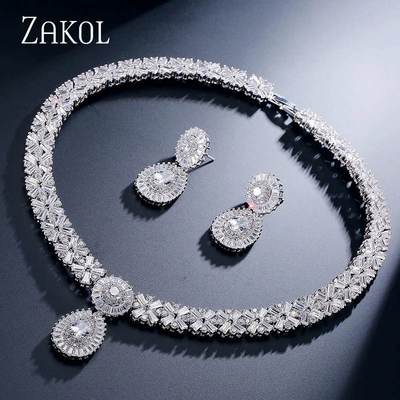 ZAKOL New Arrival Trendy 4 Color Choice AAA CZ Diamond Unisex Necklace and Earrings Set Platinum