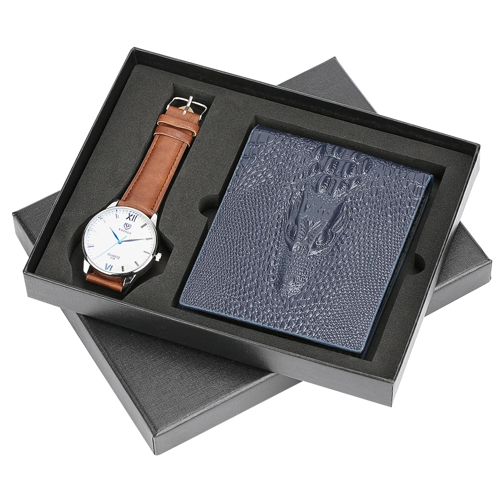 Business Men's Quartz Wristwatch Men Watches Purses Money Clip Credit Card Leather Wallet Gift Set for Dad Boyfriend Top Luxury - Color: 7