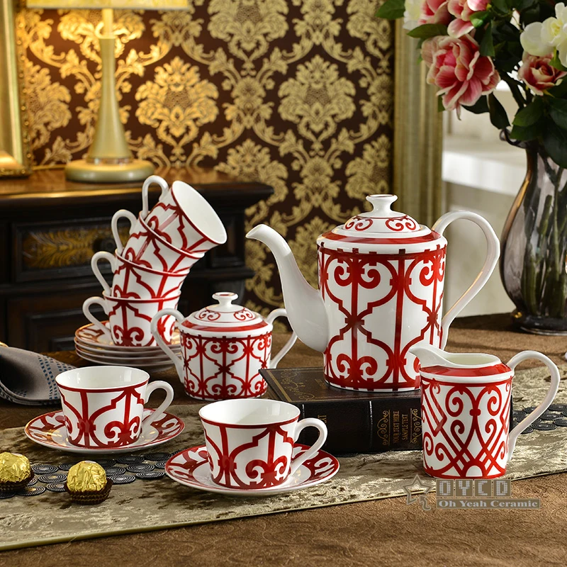 Набор фарфоровой посуды костяного фарфора в китайском стиле; красный цвет характеристики дизайна 58 шт. Столовые сервизы 43 шт. столовый сервиз, 15 шт набор для приготовления кофе