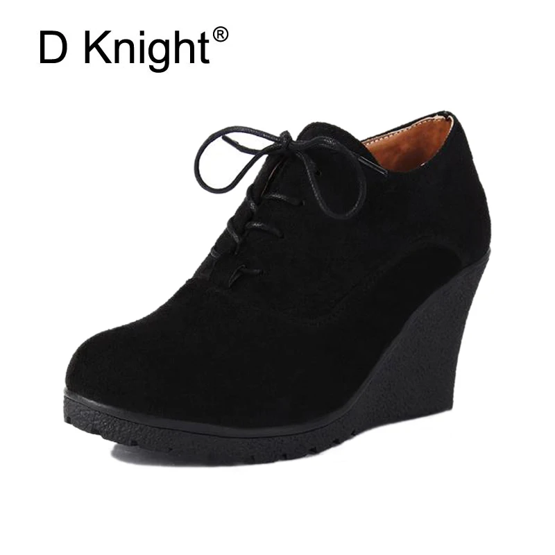 

Ladies Casual Spring Autumn Platform Wedge Shoes Vintage Flock Round Toe Lace Up High Heels Women Wedges Female Deep Mouth Pumps